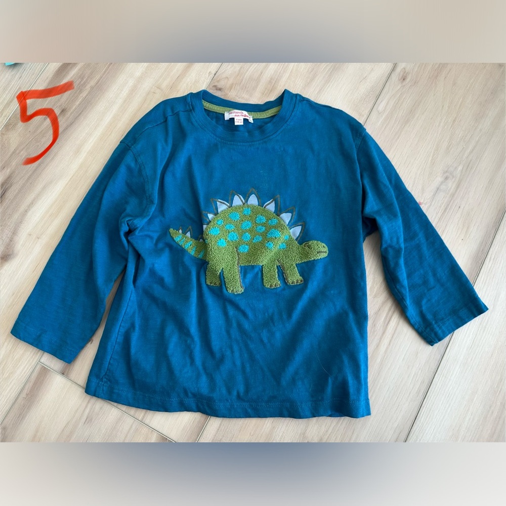 Teal Dinosaur Long Sleeve Kids Tee, Embroidered textured dinosaur